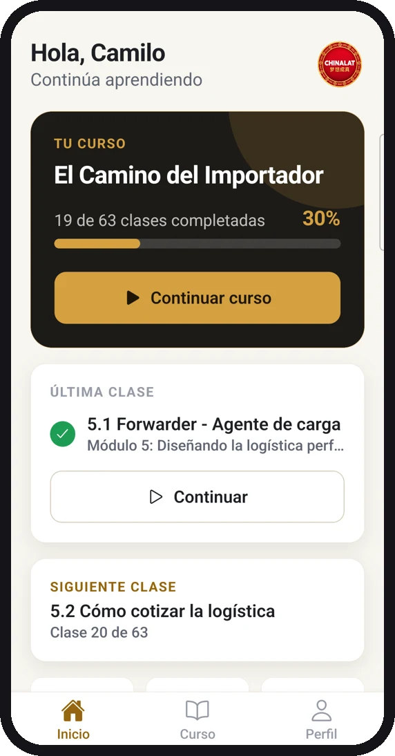 Pantalla de inicio de la app Chinalat con el progreso del curso El Camino del Importador
